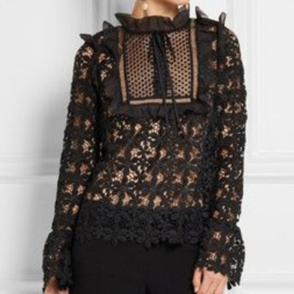 Self Portrait Black Guipure Lace Top, US 0